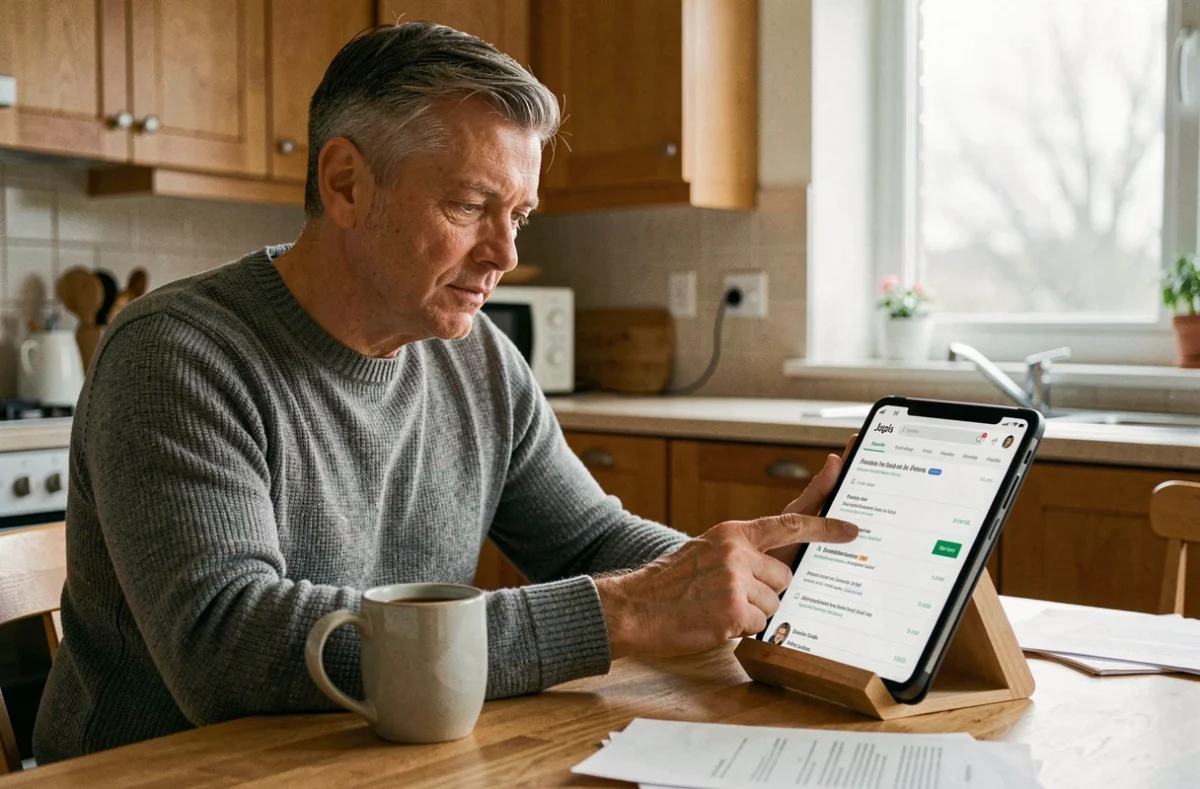 Homme d'âge mûr consultant des offres d'emploi sur une tablette depuis sa cuisine à domicile