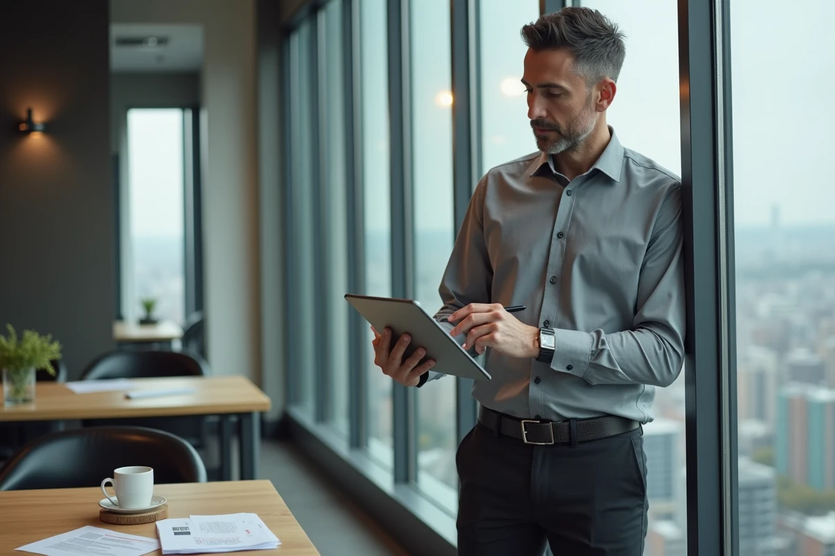 Homme d âge moyen vérifiant son tablet dans un espace de coworking