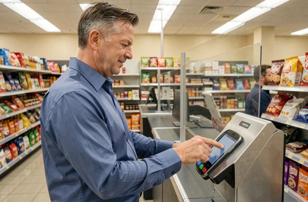 Homme effectuant un paiement sans contact par smartphone dans un supermarché