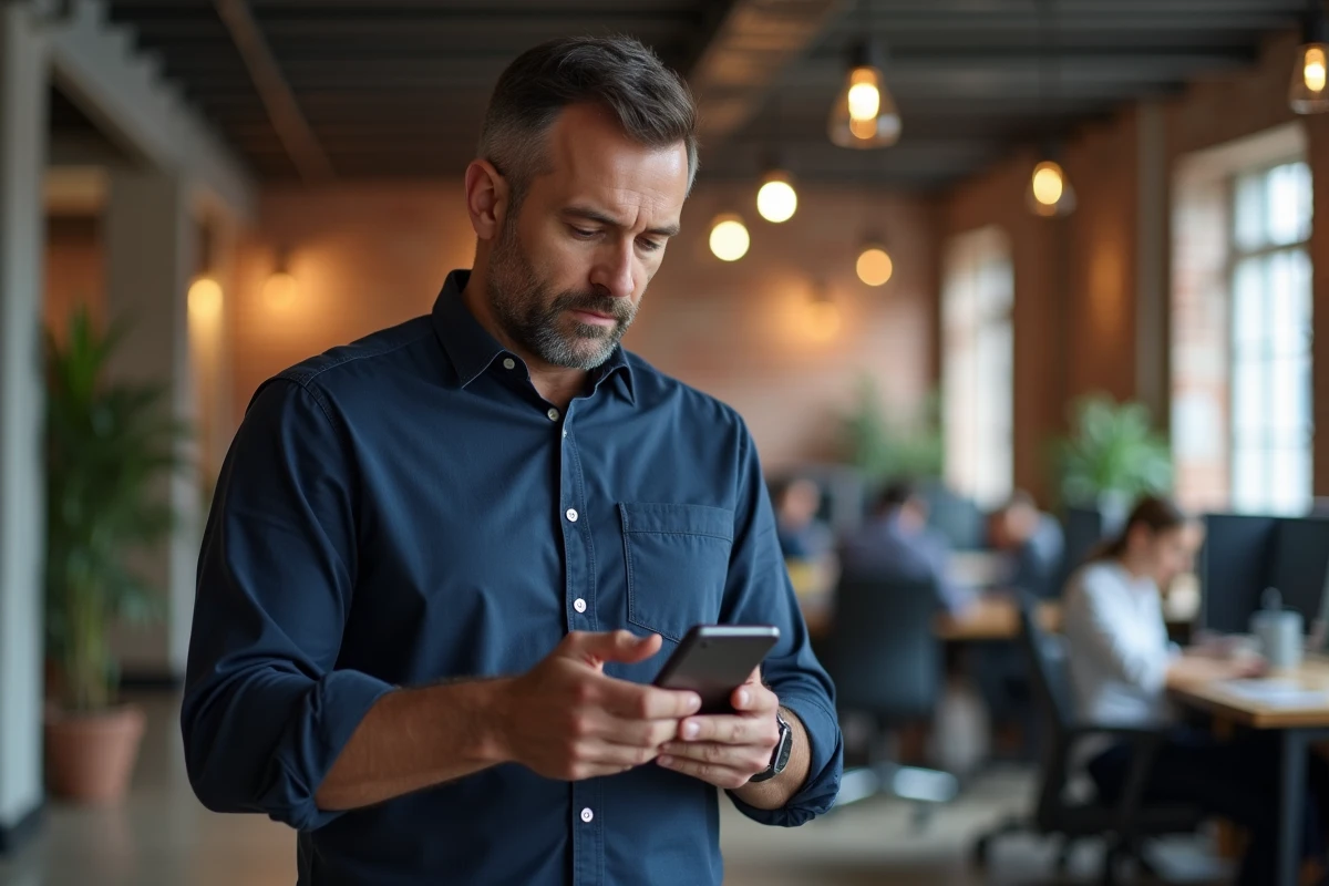 Homme consultant son profil de réseaux sociaux sur smartphone dans un espace de coworking moderne aux murs en briques apparentes