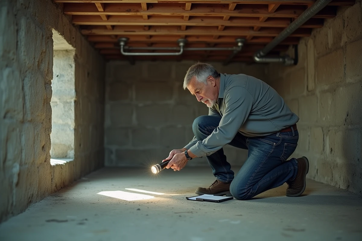 Homme évaluant l'état d'un sous-sol brut avant travaux d'aménagement, inspectant les murs en pierre et la structure pour choisir entre cave et espace habitable