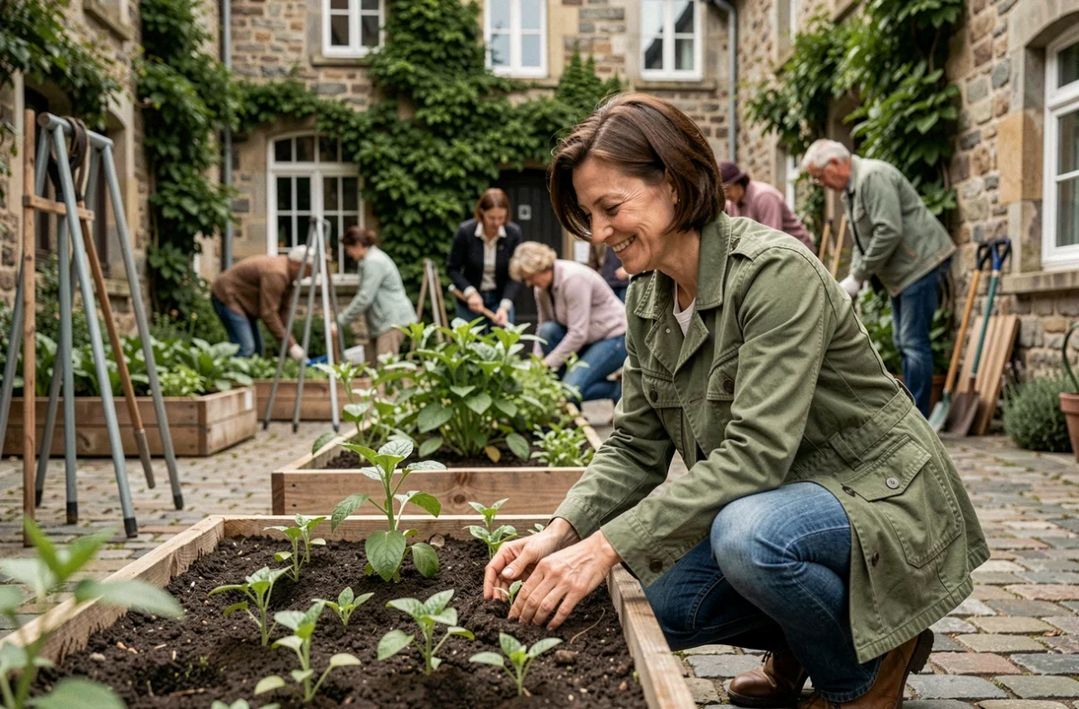 Femme jardinant dans un jardin communautaire urbain à Rennes dans le cadre d'une initiative solidaire