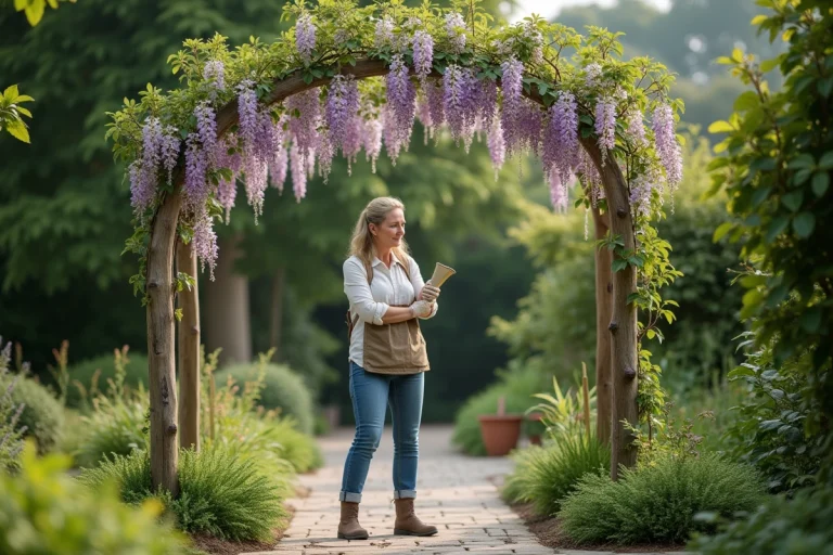 Femme jardinant attachant la wisteria à une structure en bois
