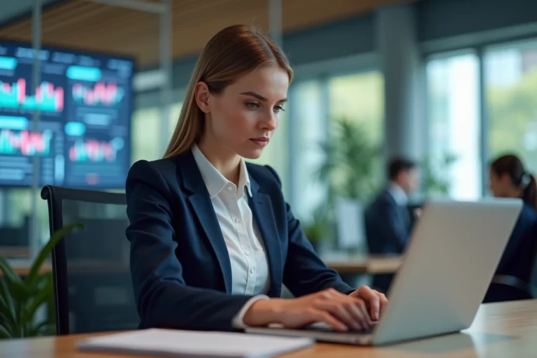 Jeune femme professionnelle lisant des actualités numériques au bureau
