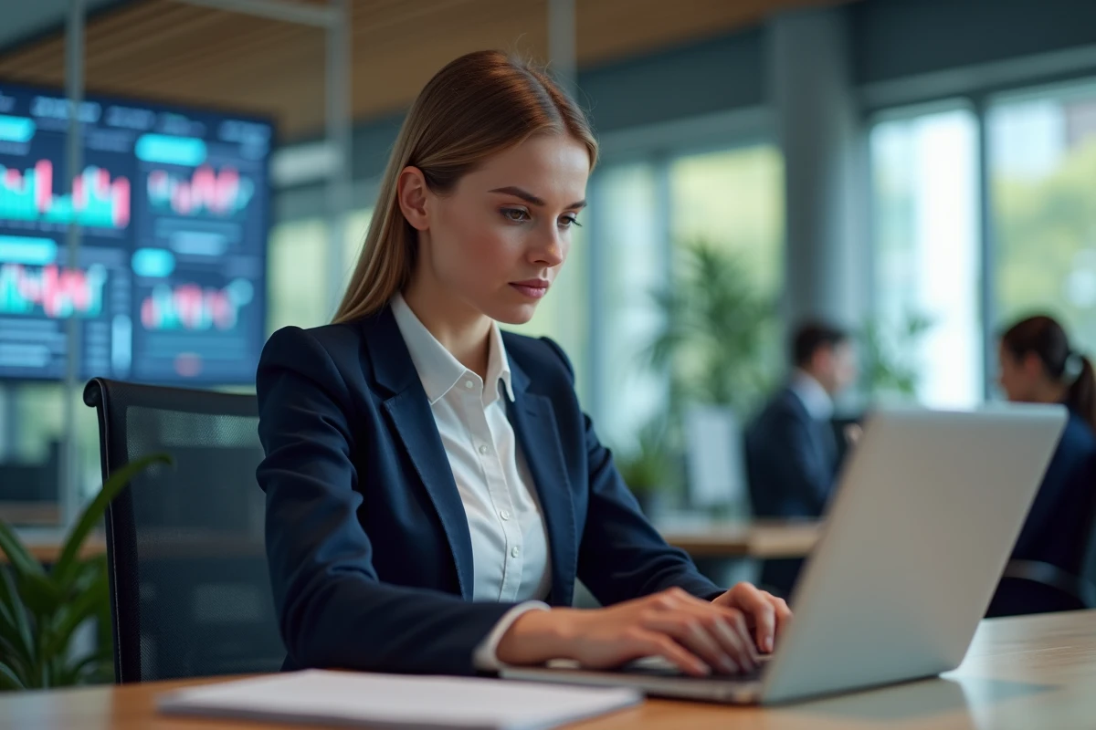 Jeune femme professionnelle lisant des actualités numériques au bureau