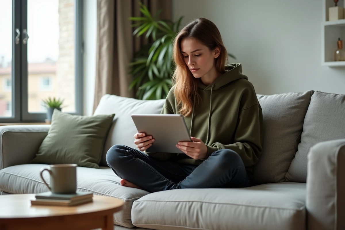Jeune femme gérant son site web ou blog personnel sur une tablette depuis son canapé dans un appartement cosy et moderne