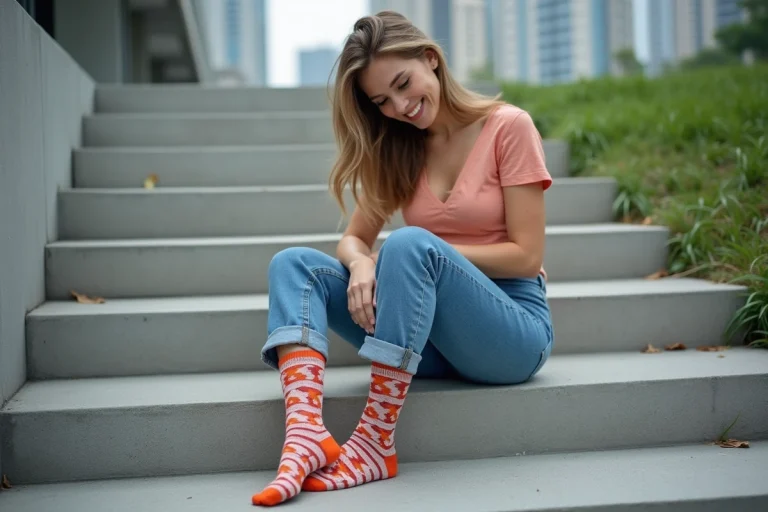 Jeune femme urbaine portant des chaussettes colorées et jeans