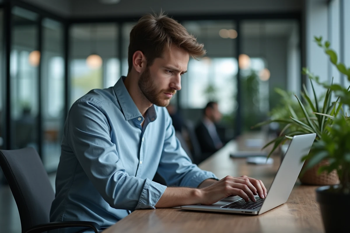 Jeune homme au bureau lisant une actualite sur un ordinateur