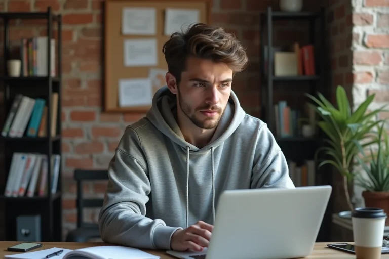 Jeune homme concentré sur son ordinateur dans un appartement urbain