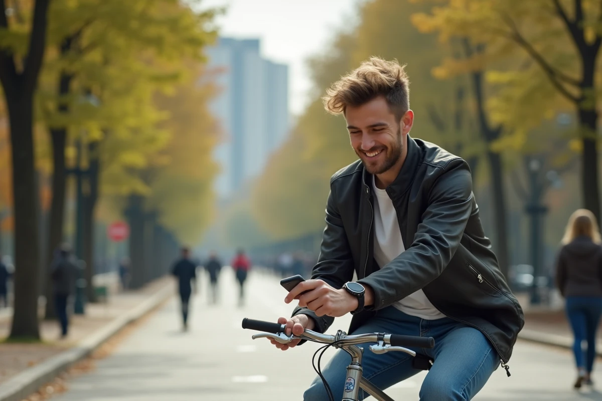 Jeune homme en vélo dans un parc urbain au printemps
