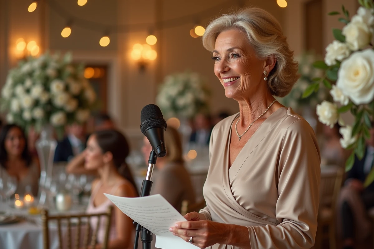 Une maman lit une lettre manuscrite à voix haute devant les invités lors du mariage de son fils