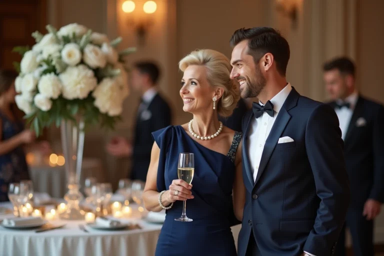 Une maman élégante sourit avec émotion aux côtés de son fils en costume lors d'un mariage