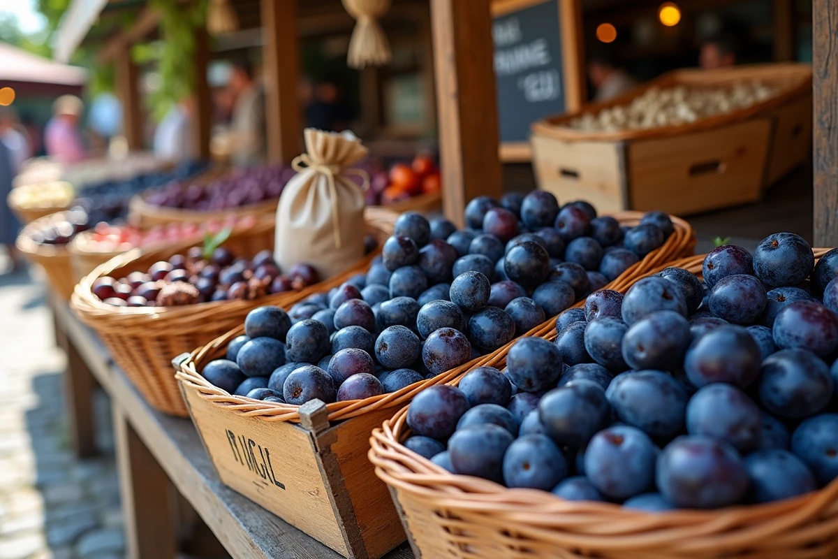 Étal de marché provençal avec des paniers de prunes fraîches et des pruneaux secs en vente en plein air