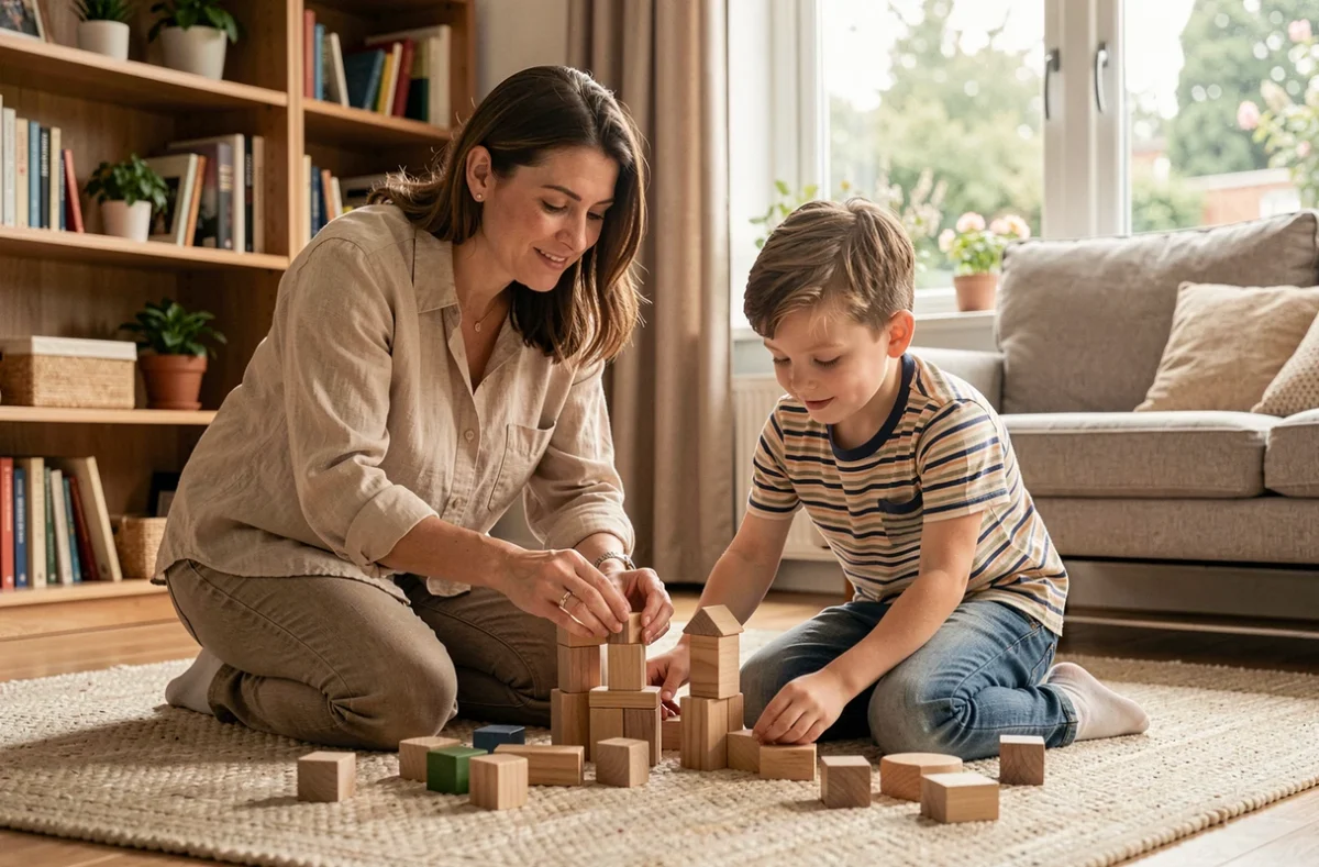 Une mère accompagne son jeune fils dans un jeu de construction en bois dans un salon chaleureux, illustrant l'accompagnement bienveillant des enfants au quotidien