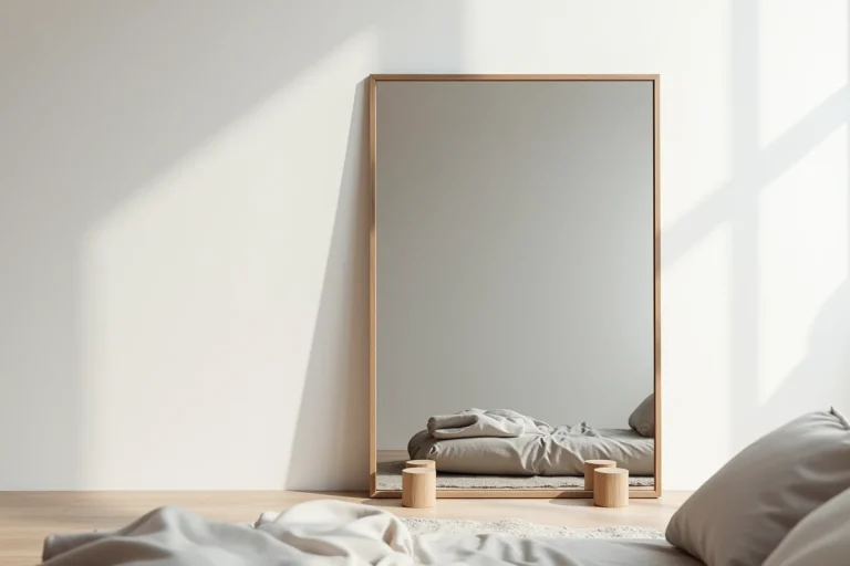 Grand miroir sur pied maintenu debout sans perçage grâce à des cales en bois et un tapis antidérapant dans une chambre minimaliste