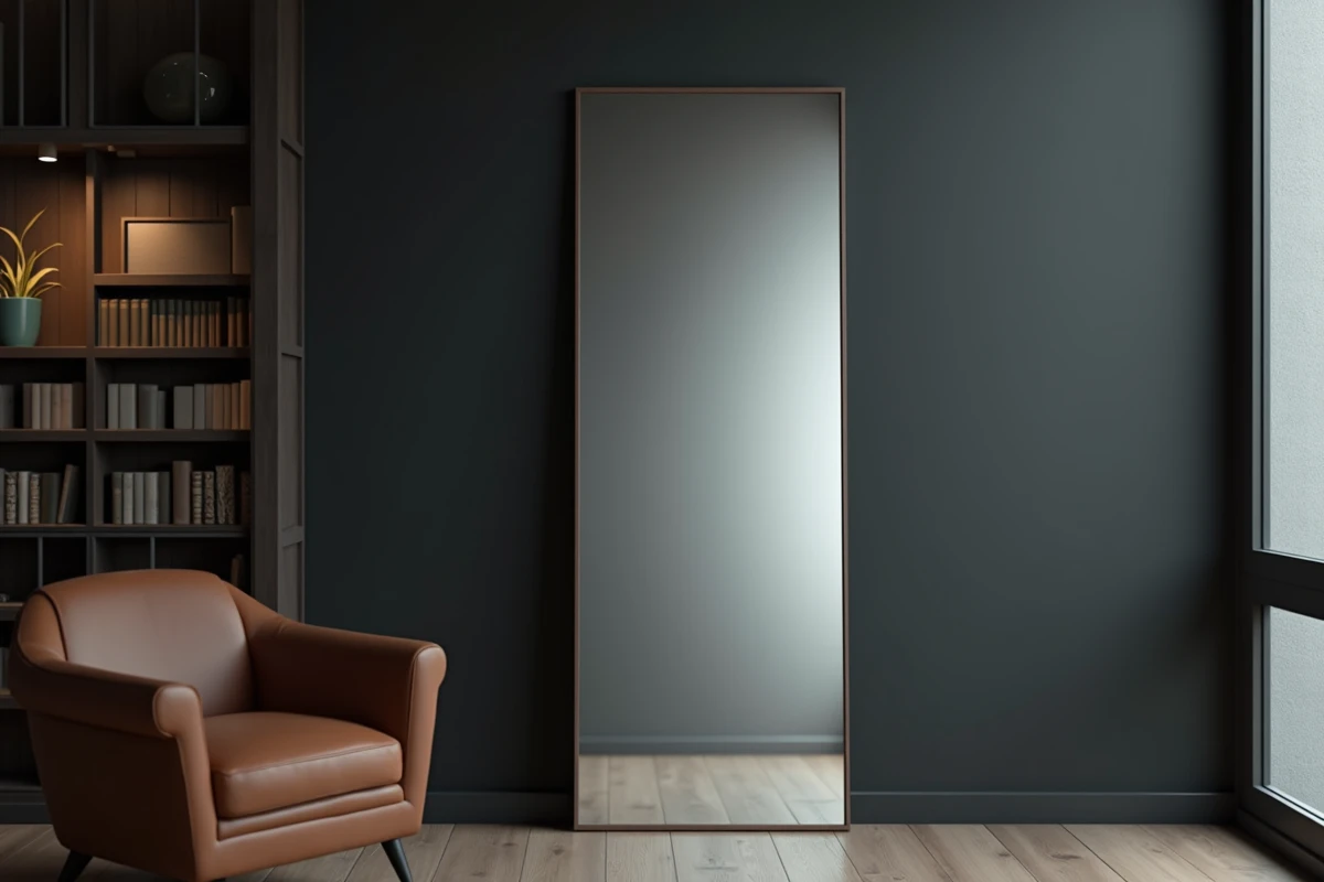 Miroir pleine longueur maintenu debout sans fixer au sol à l'aide de sangles discrètes attachées à une bibliothèque dans un salon moderne