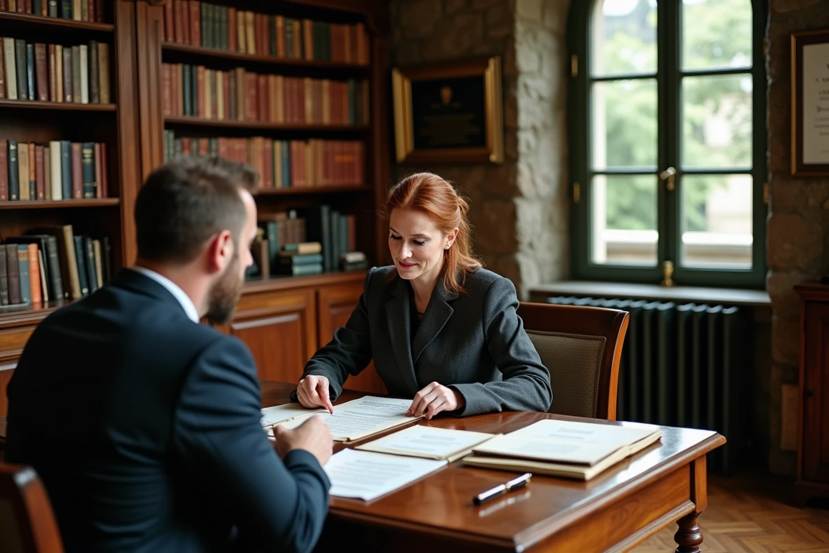 Notaire professionnelle présentant les documents de vente immobilière à un couple d'acheteurs dans un office notarial traditionnel