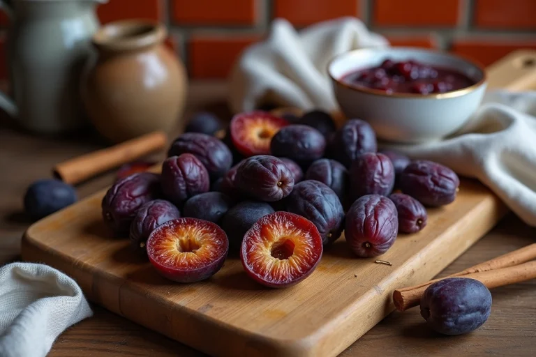 Pruneaux secs et prunes fraîches sur une planche en bois rustique avec de la compote dans un bol en céramique