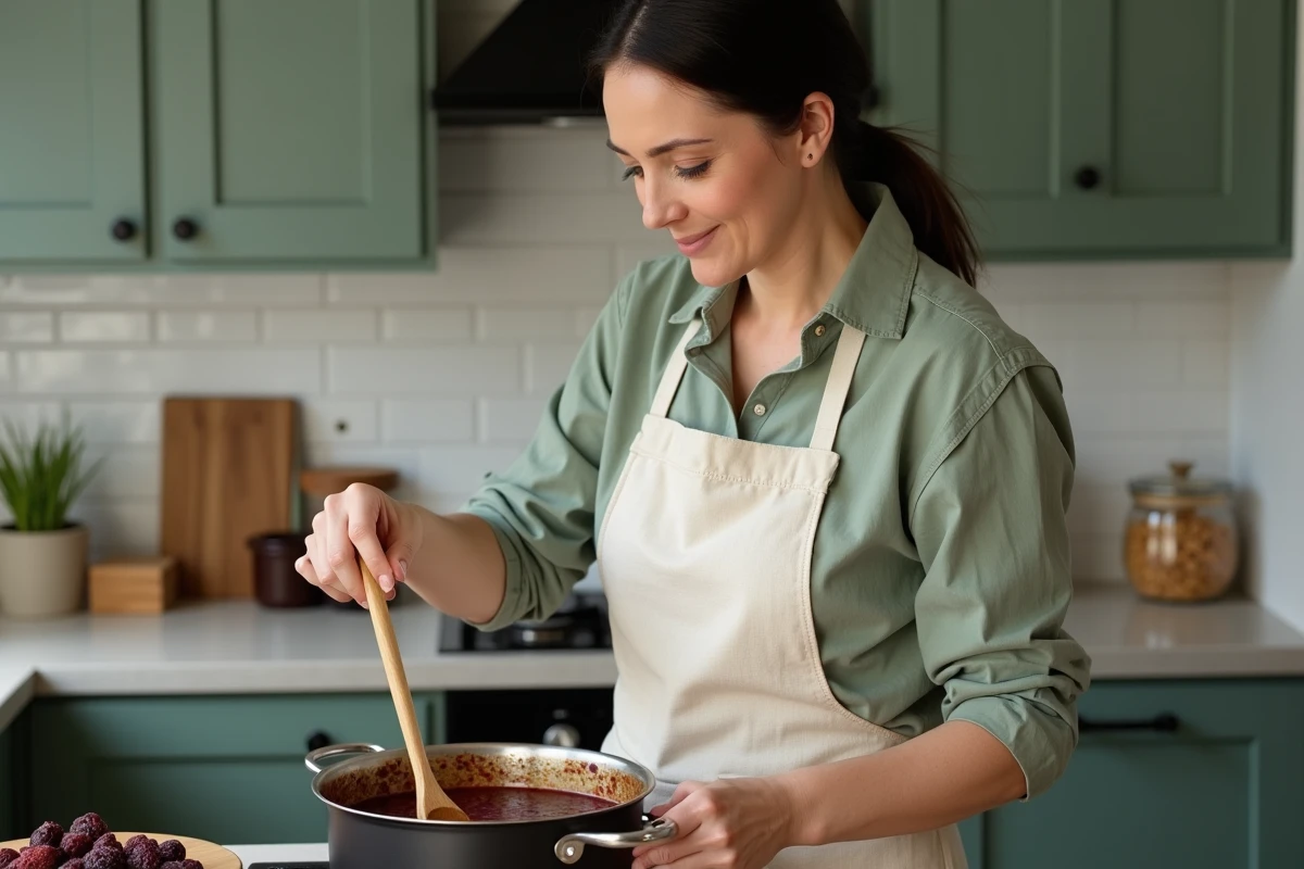 Femme cuisinant une recette de pruneaux mijotés dans une casserole sur une cuisinière de cuisine moderne