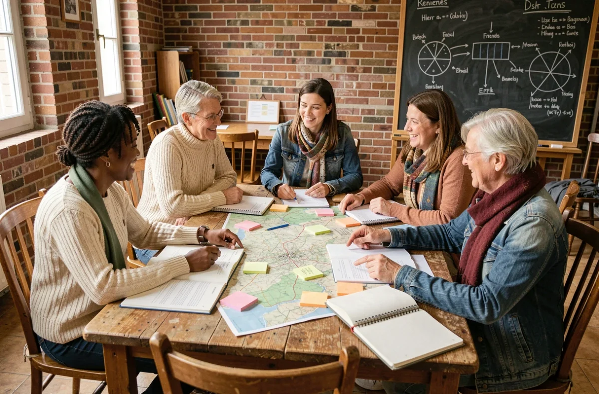Réunion citoyenne à Rennes avec des habitants engagés autour d'une table de travail communautaire