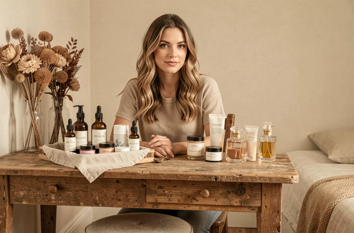 Femme assise devant une coiffeuse en bois entourée de produits de beauté naturels et de soins organisés sur un plateau en lin