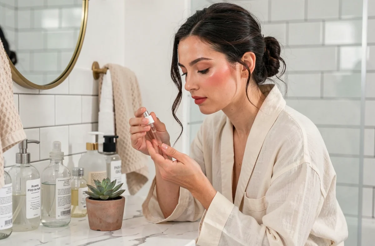Femme aux 30 ans appliquant un sérum sur son visage devant un miroir en laiton dans une salle de bain style scandinave, routine beauté naturelle 2024