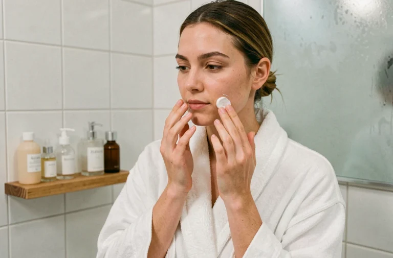 Femme appliquant une crème hydratante dans une salle de bain minimaliste dans le cadre de sa routine de soin quotidienne