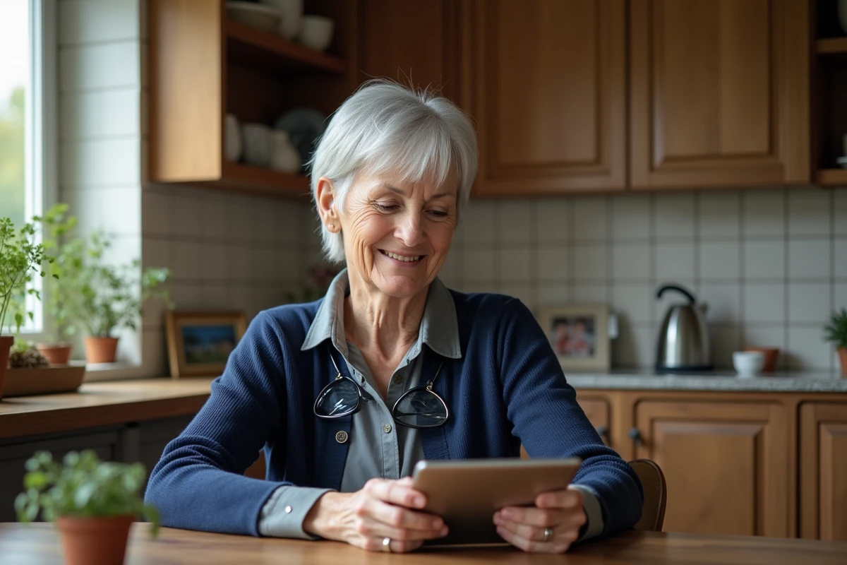 Senior femme utilisant une tablette numérique pour un appel vidéo dans sa cuisine à domicile
