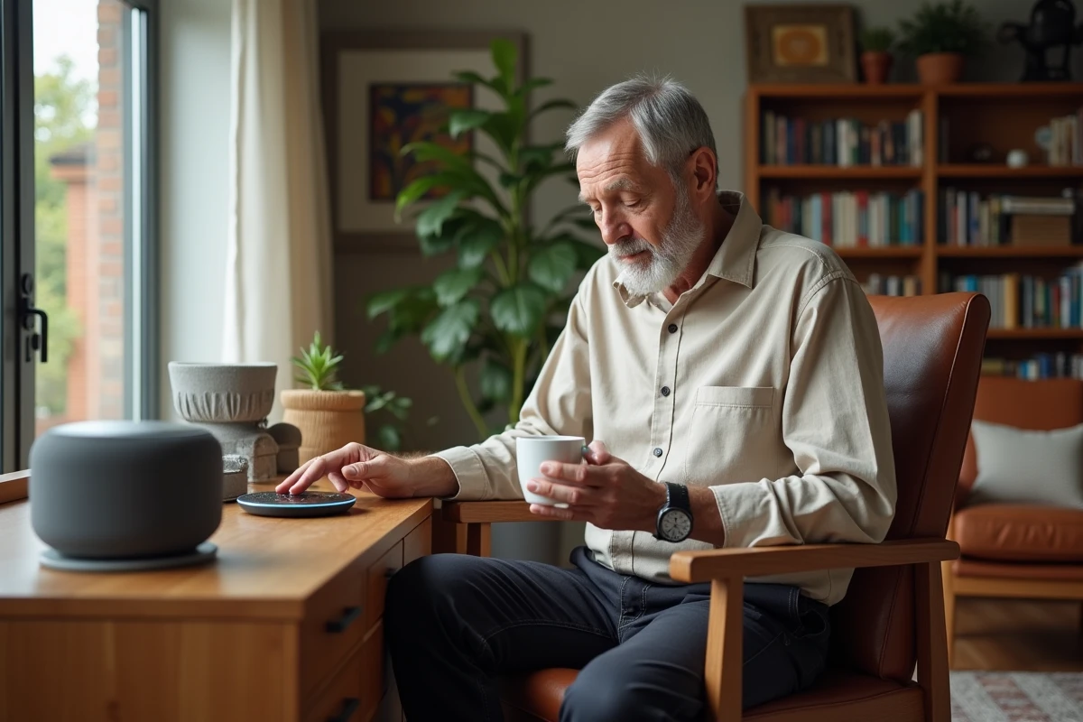 Senior homme utilisant un assistant vocal connecté dans son salon pour son autonomie à domicile