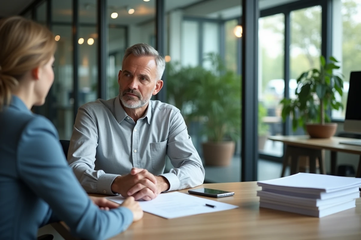 Un homme signe un contrat de prêt immobilier face à un conseiller bancaire dans un bureau moderne