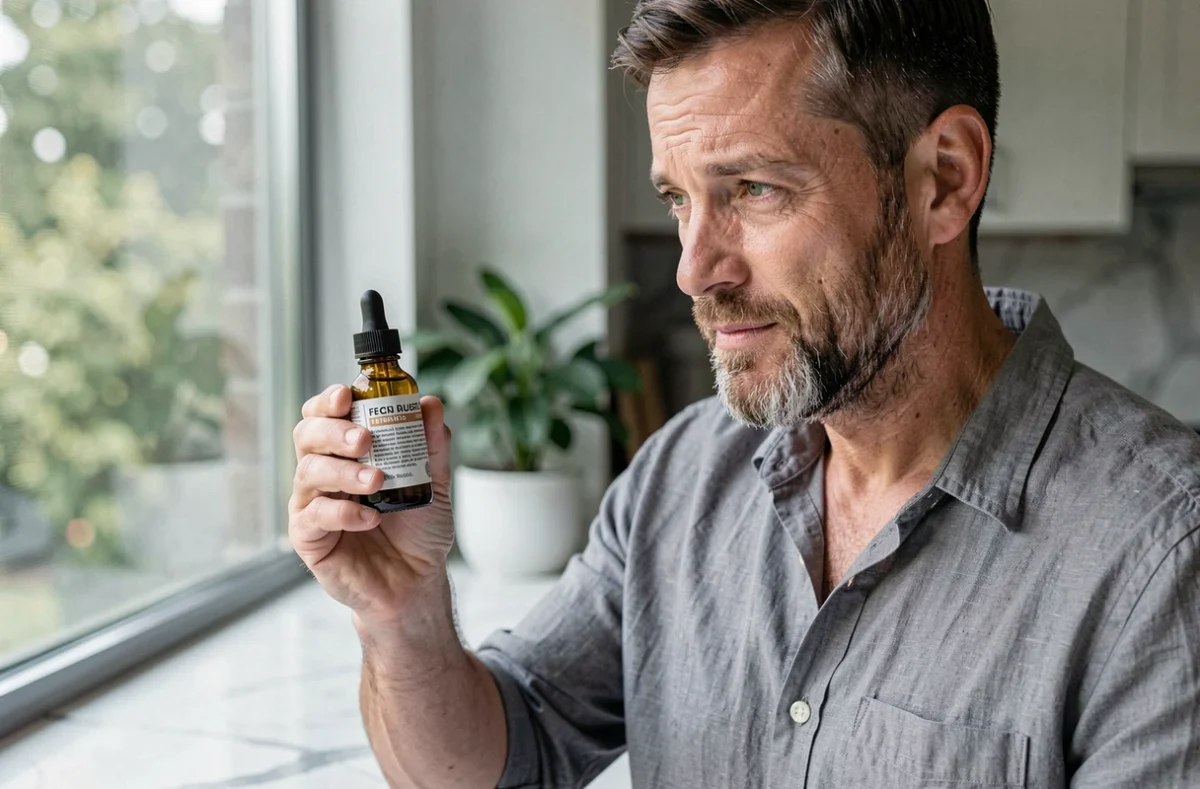 Homme examinant un sérum visage dans une cuisine moderne, illustration des soins de peau masculins au quotidien