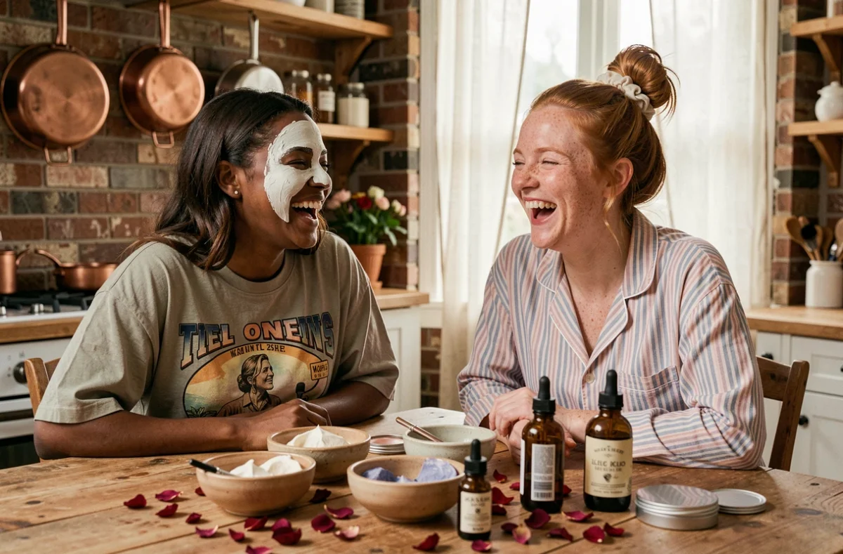 Deux amies riant ensemble lors d'une soirée masques beauté maison dans une cuisine chaleureuse, conseils beauté naturelle entre amies 2024