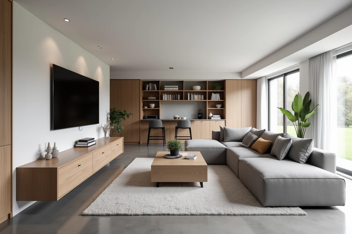Sous-sol aménagé en espace de vie moderne avec canapé modulaire, sol en béton poli et étagères intégrées, exemple de conversion de sous-sol en salon contemporain