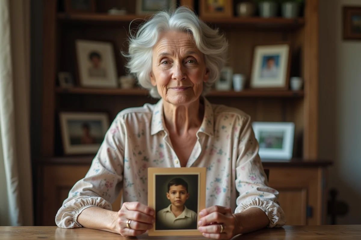 Une maman tient une vieille photo d'enfance de son fils comme fil conducteur de son discours de mariage