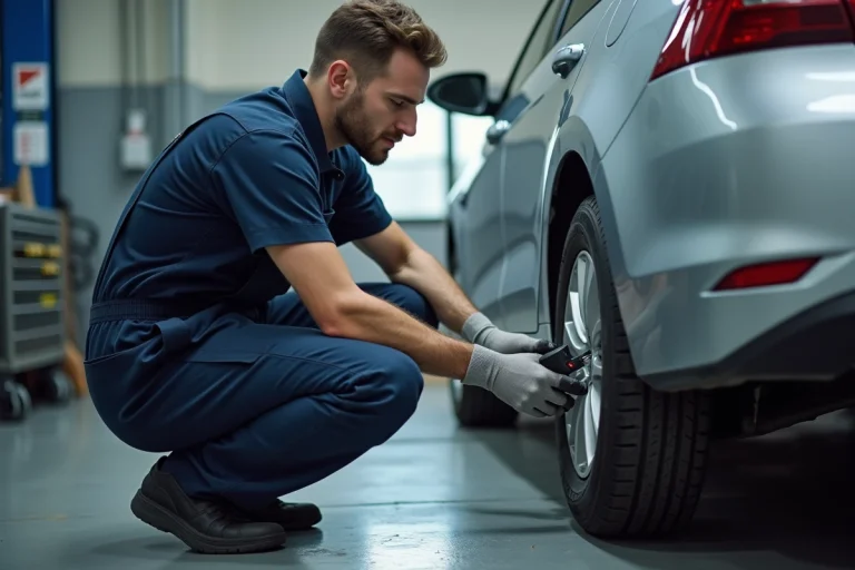 Technicien automobile inspectant la profondeur des sculptures d'un pneu usé avec un outil de mesure dans un atelier professionnel