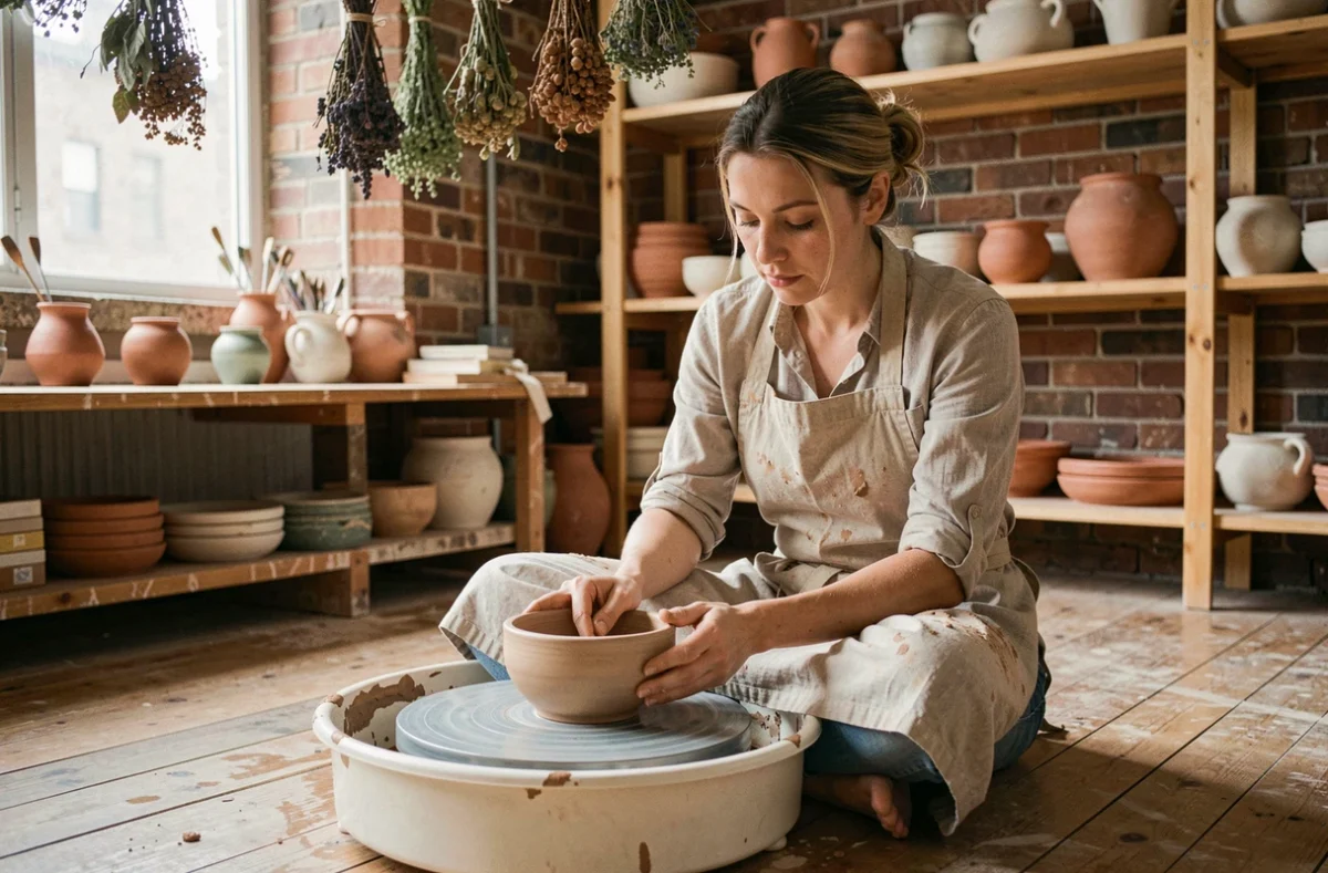 Femme trentenaire concentrée sur un tour de poterie dans un atelier artisanal en briques apparentes, tendance loisirs créatifs