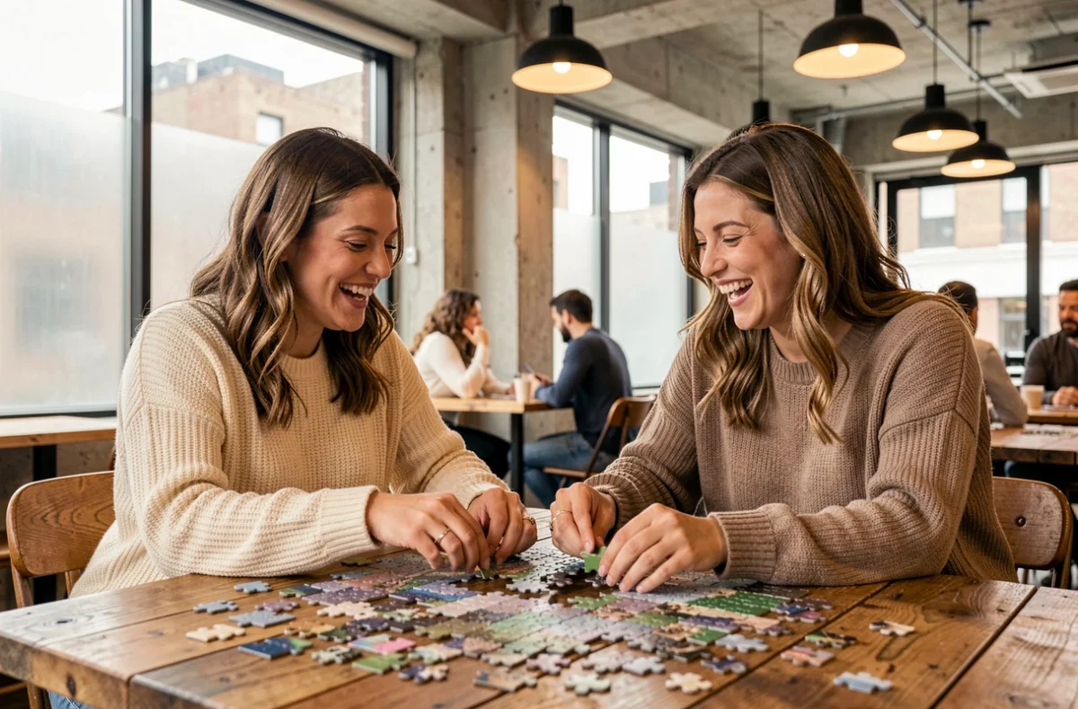 Deux amies riant ensemble autour d'un puzzle dans un café urbain cosy, tendance loisirs sociaux et détente entre amis