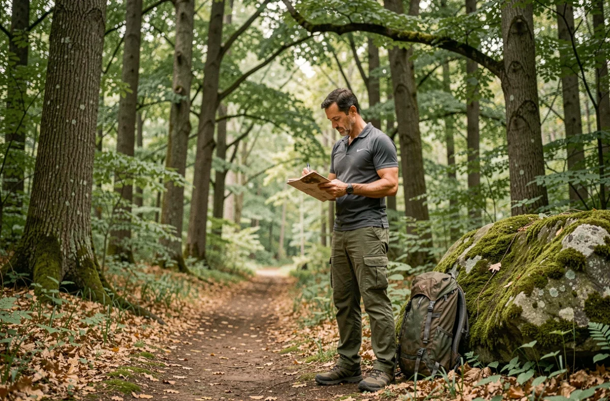 Homme en randonnée dessinant dans un carnet de croquis au milieu d'une forêt tempérée, loisir nature et créativité en plein air